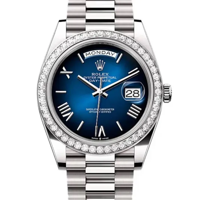 Rolex Bracelets 2024 Release Rolex DayDate 40 mm 18k white gold President bracelet Blue ombr dial Diamond bezel Mens Watch 228349RBR