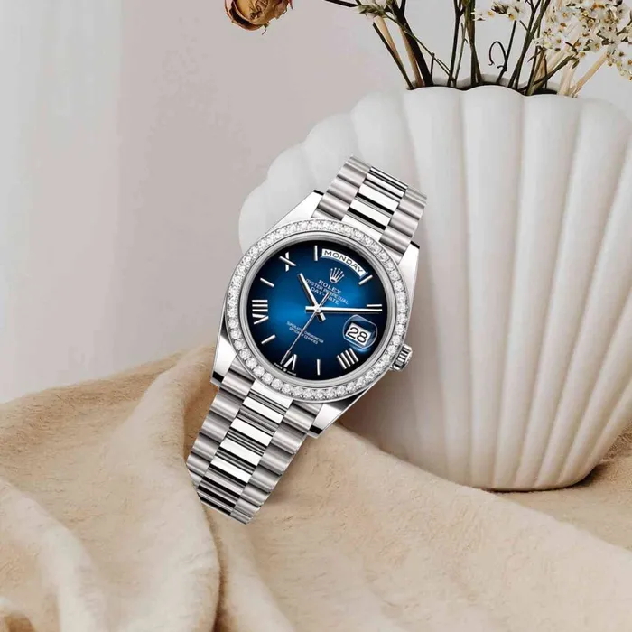 Rolex Bracelets 2024 Release Rolex DayDate 40 mm 18k white gold President bracelet Blue ombr dial Diamond bezel Mens Watch 228349RBR