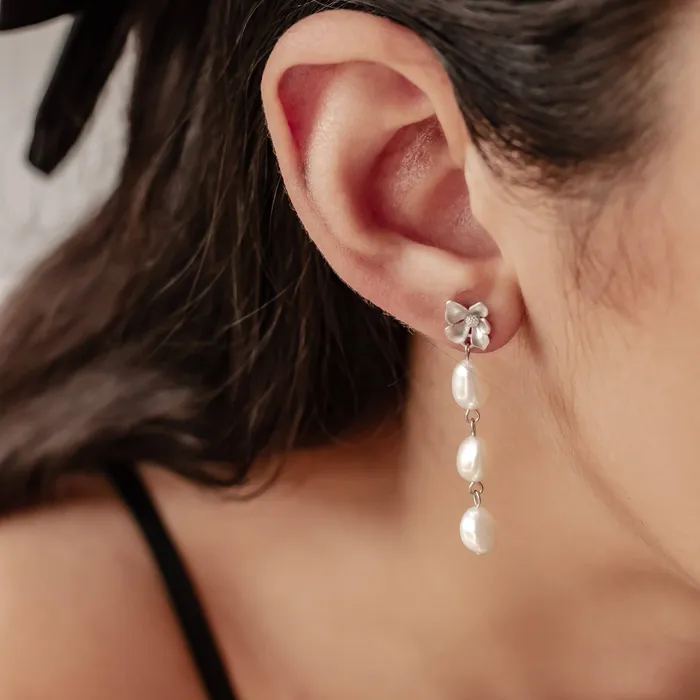 Hey Happiness Earrings Flower and Pearl Drop Earrings Sterling Silver