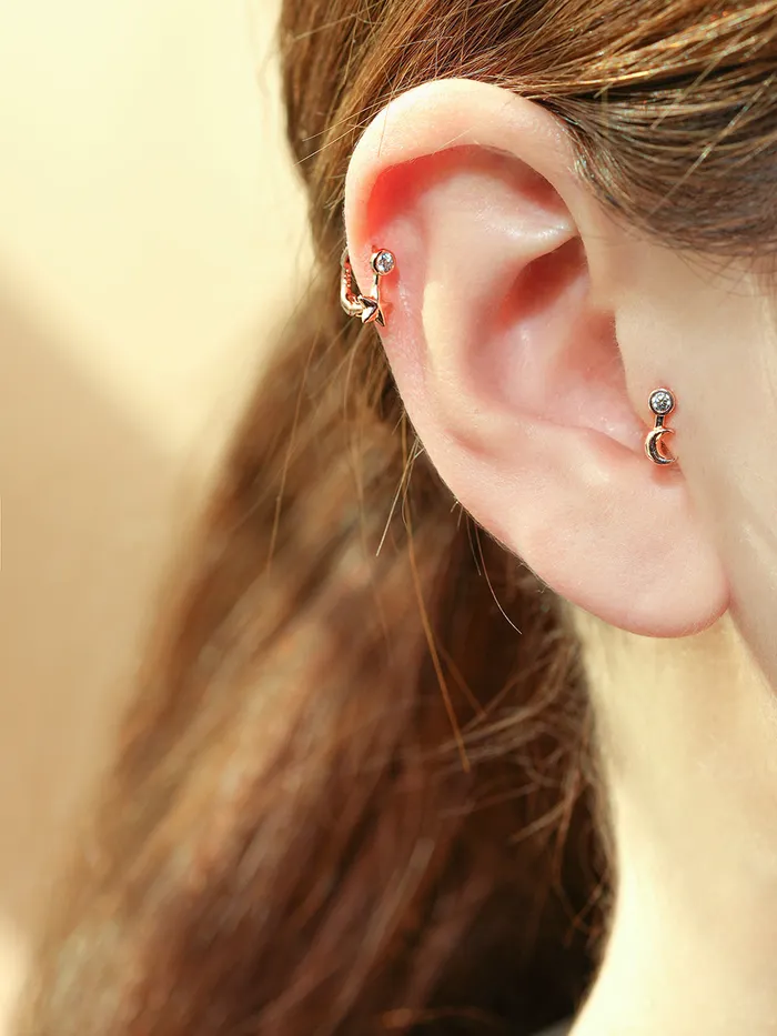 MinimalBijoux Earrings 14K 18K Symbol Star Crescent Heart and Clover Cartilage Hoop Earring