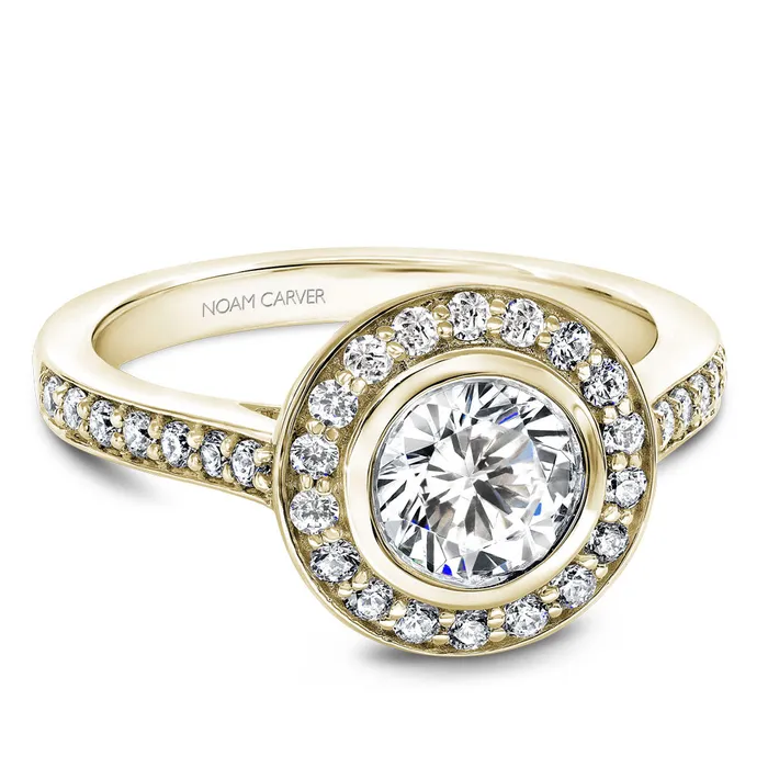 Noam Carver Yellow Gold Bezel Diamond Halo Engagement Ring 044 CTW International Diamond Center Rings