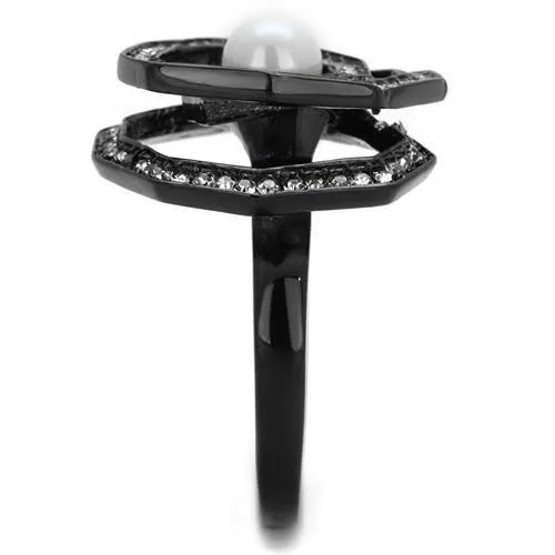 Alamode Rings TK1861 IP BlackIon Plating Stainless Steel Ring with Synthetic Pearl in White