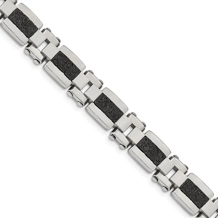 Chisel Bracelets Stainless Steel Polished Black IPplated Textured Wire Inlay 85in Bracelet