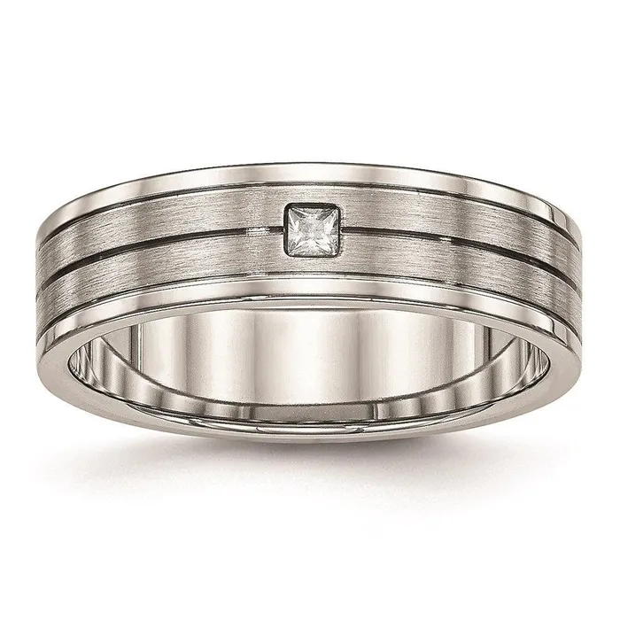 Chisel Stainless Steel Brushed and Polished Grooved CZ Ring Rings Chisel Stainless Steel Brushed and Polished Grooved CZ Ring Rings