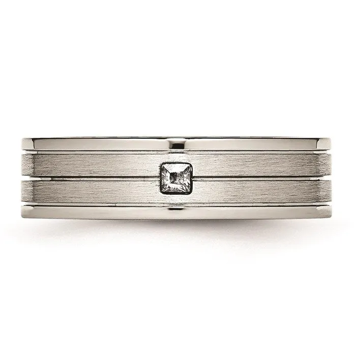 Chisel Stainless Steel Brushed and Polished Grooved CZ Ring Rings Chisel Stainless Steel Brushed and Polished Grooved CZ Ring Rings