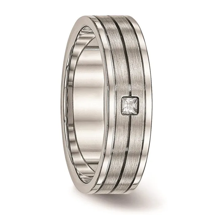 Chisel Stainless Steel Brushed and Polished Grooved CZ Ring Rings Chisel Stainless Steel Brushed and Polished Grooved CZ Ring Rings