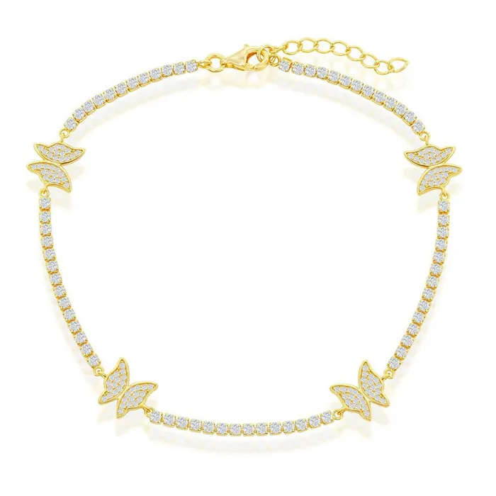 Classic Rings Classic Womens Anklet Gold Plated Sterling Silver Butterfly CZ Tennis R9278GP