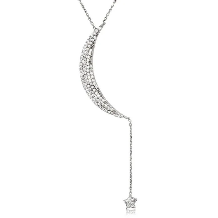 Classic Sterling Silver Crescent Moon Dangling CZ Necklace Necklaces