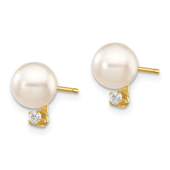 Earrings Jewelry 14k 67mm White Round Saltwater Akoya Cultured Pearl Diamond Post Earrings