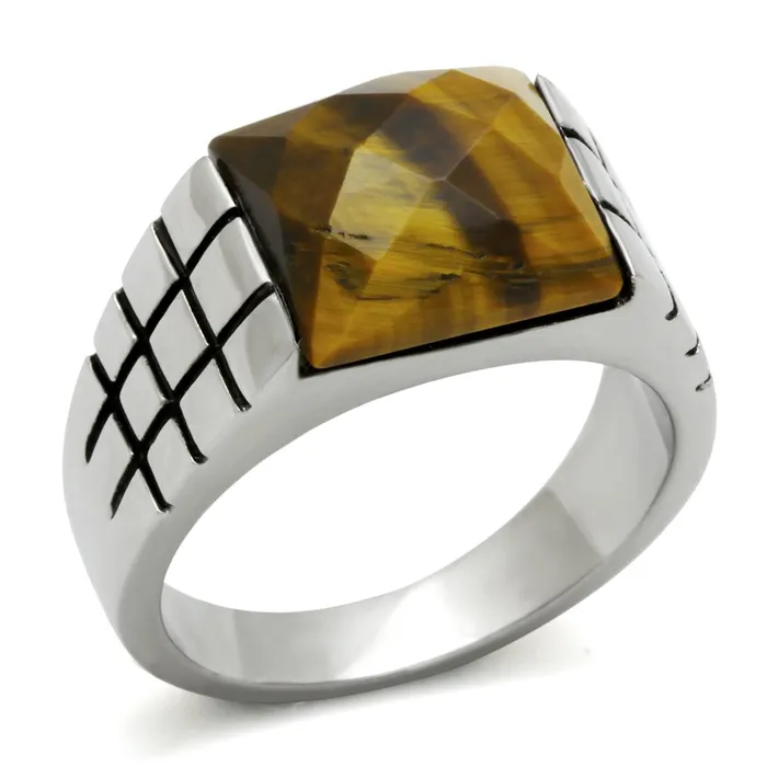 Rings Alamode TK324 High polished no plating Stainless Steel Ring with SemiPrecious Tiger Eye in Smoked Quartz