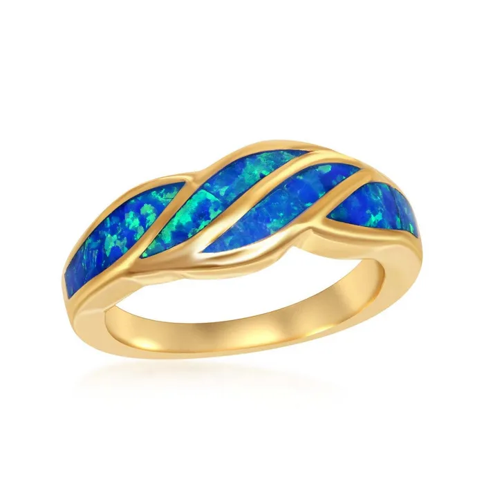 Rings Classic Sterling Silver GP Blue Inlay Opal Wave Design Ring W1900