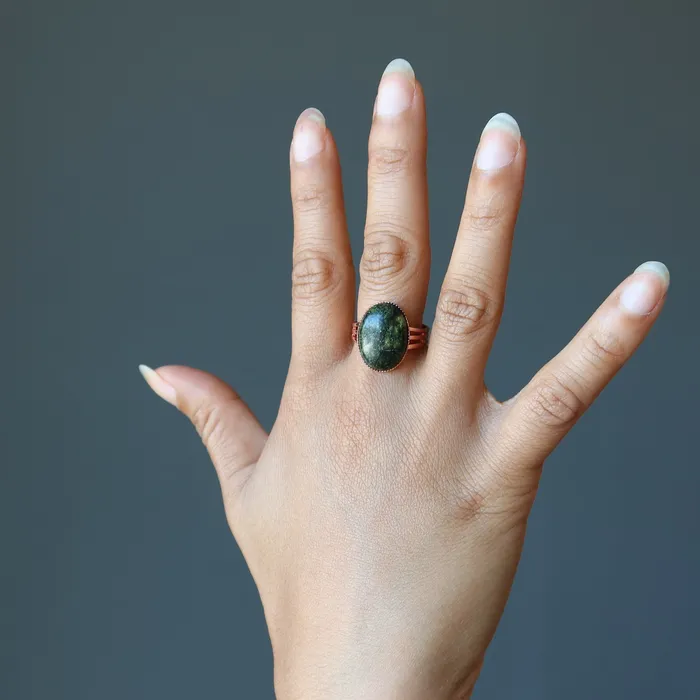 Serpentine Ring Green Snake Stone Copper Adjustable Satin Crystals Rings