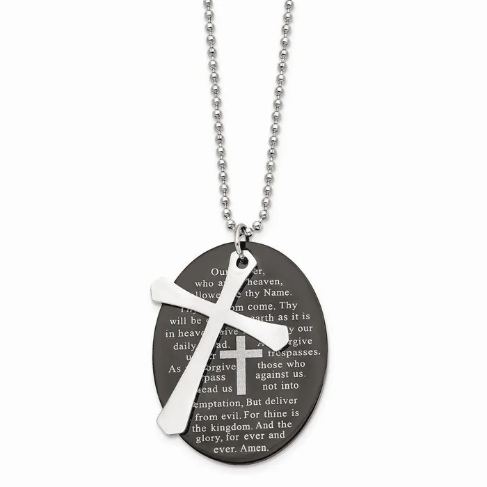 Stainless Steel Polished Blk IP Lords Prayer Oval Cross Necklace Chisel Necklaces Stainless Steel Polished Blk IP Lords Prayer Oval Cross Necklace Chisel Necklaces
