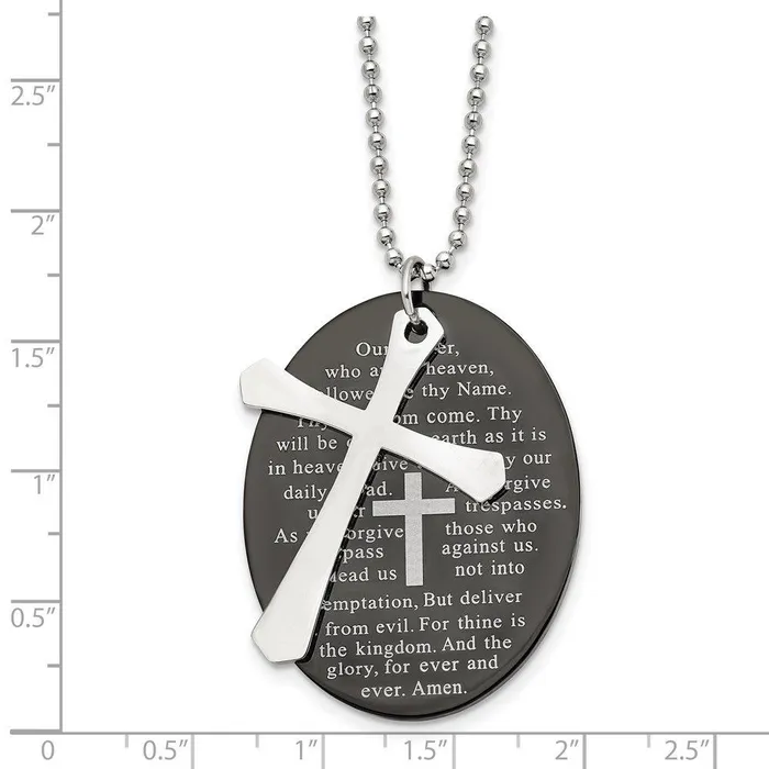Stainless Steel Polished Blk IP Lords Prayer Oval Cross Necklace Chisel Necklaces Stainless Steel Polished Blk IP Lords Prayer Oval Cross Necklace Chisel Necklaces