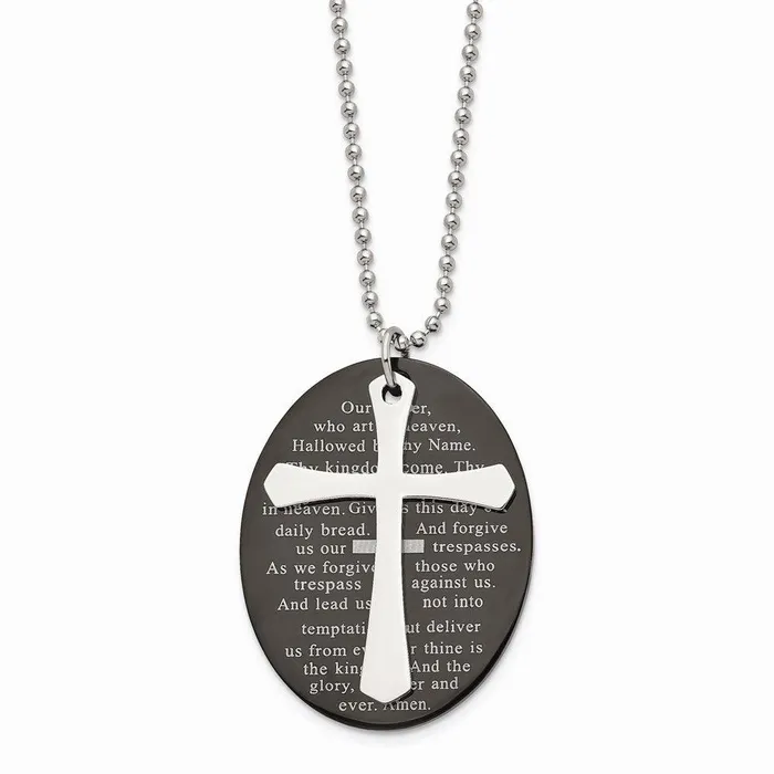 Stainless Steel Polished Blk IP Lords Prayer Oval Cross Necklace Chisel Necklaces Stainless Steel Polished Blk IP Lords Prayer Oval Cross Necklace Chisel Necklaces