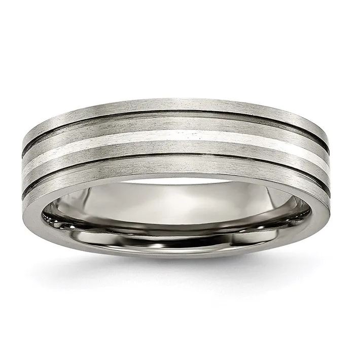 Titanium Grooved Sterling Silver Inlay 6mm Brushed Band TB371 Chisel Rings