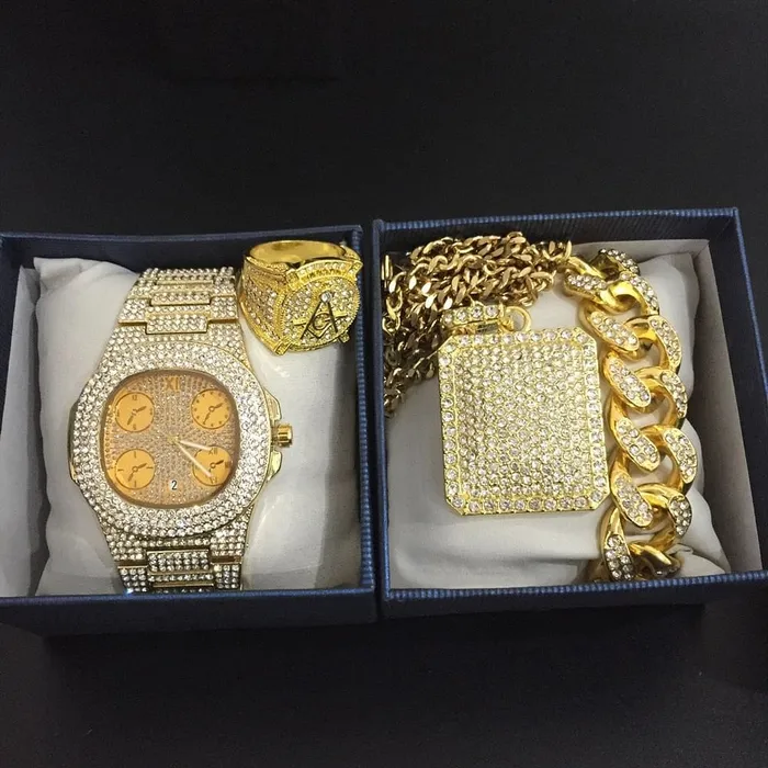 VVS Jewelry Bracelets Luxury Cuban Chain Bracelet Ring Watch Set