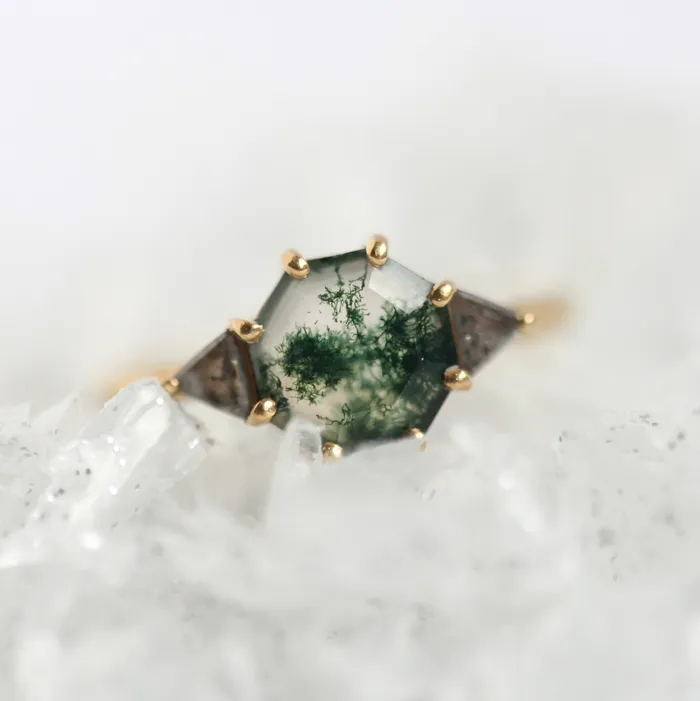Capucinne Rings Octagon Moss Agate Ring With Salt Pepper Accent Diamonds Ready to Ship