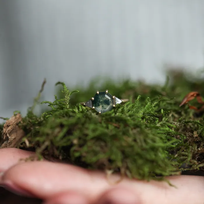 Capucinne Rings Octagon Moss Agate Ring With Salt Pepper Accent Diamonds Ready to Ship