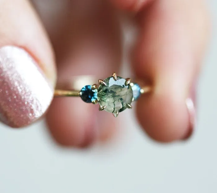 Rings Capucinne Taia Moss Agate Ring with Teal Tourmalines