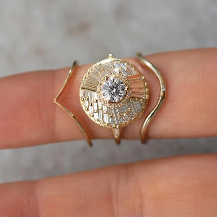 ARTEMER Rings Halo Engagement Ring with Baguette Diamonds