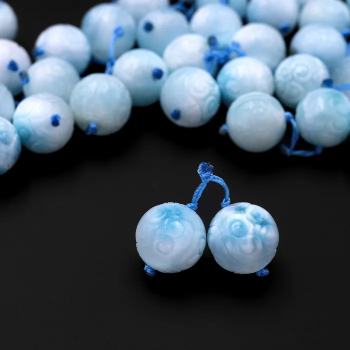Hand Carved Natural Larimar Round Beads Earring Pair Drilled Matched Gemstone Intrinsic Trading Earrings