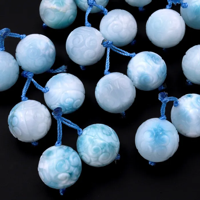 Hand Carved Natural Larimar Round Beads Earring Pair Drilled Matched Gemstone Intrinsic Trading Earrings