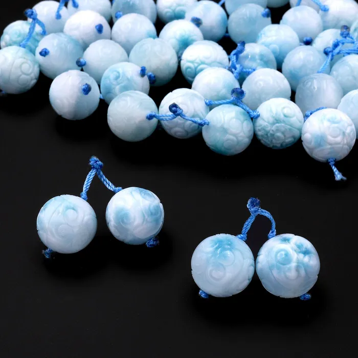 Hand Carved Natural Larimar Round Beads Earring Pair Drilled Matched Gemstone Intrinsic Trading Earrings