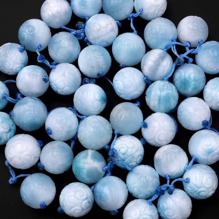 Hand Carved Natural Larimar Round Beads Earring Pair Drilled Matched Gemstone Intrinsic Trading Earrings