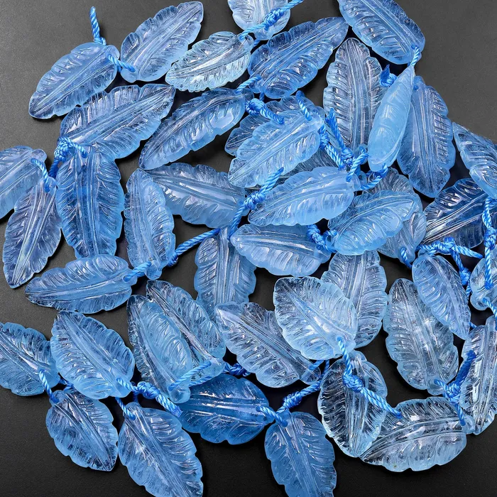 Intrinsic Trading Earrings AAA Hand Carved Natural Blue Aquamarine Feather Earring Pair Drilled Gemstone Matched Beads