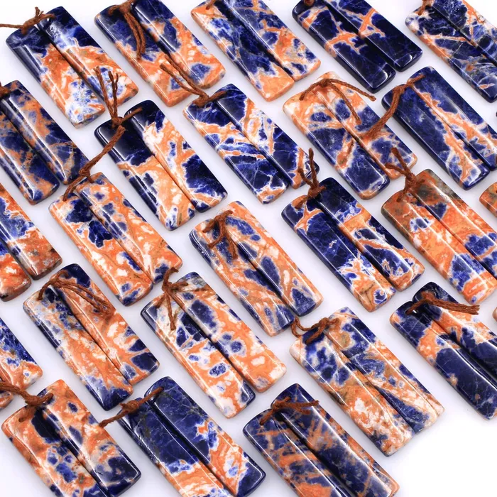Intrinsic Trading Earrings Drilled Natural Orange Sodalite Rectangle Earring Pair Matched Gemstone Bead Pair Natural Vibrant Blue Orange Stone