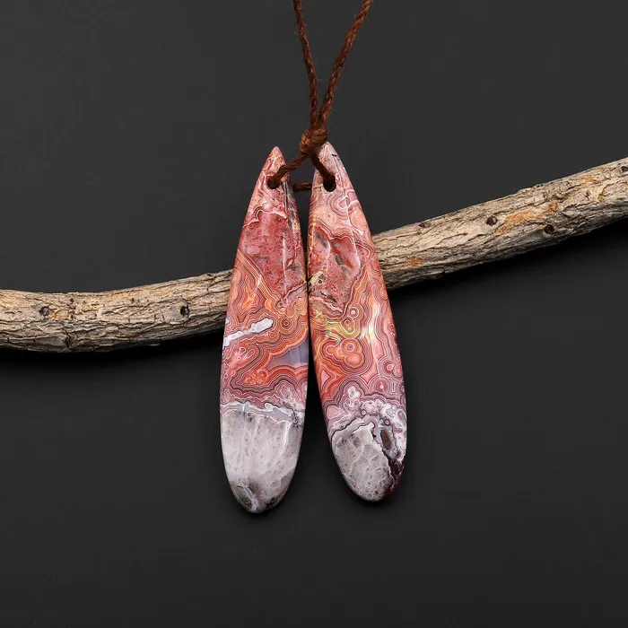 Intrinsic Trading Earrings Natural Red Pink White Laguna Lace Agate Long Slender Teardrop Earring Drilled Matched Gemstone Bead Pair A2