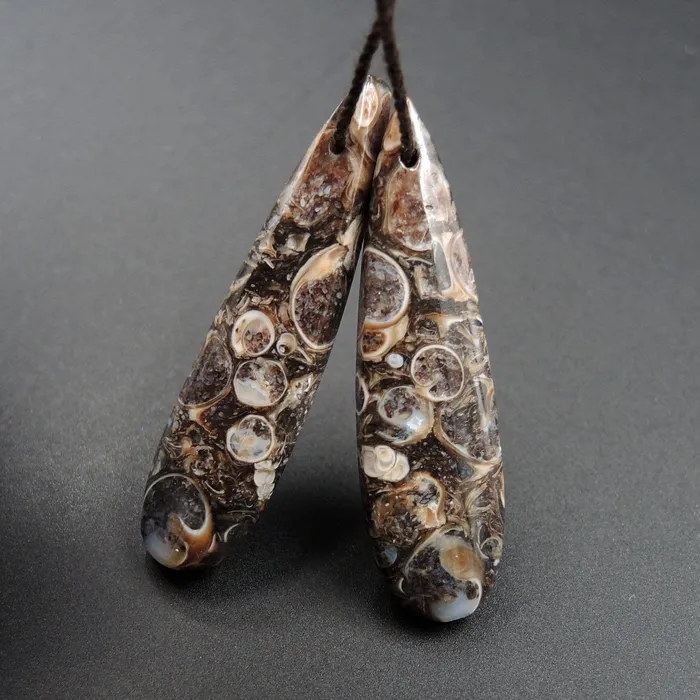 Intrinsic Trading Earrings Natural Turritella Agate Fossil Earring Pair Cabochon Cab Pair Drilled Teardrop Matched Earrings Bead Pair E2451