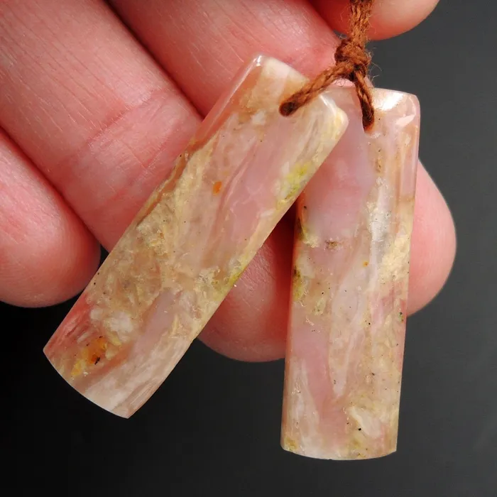 Intrinsic Trading Pink Opal Earring Pair Rectangle Cabochon Cab Pair Drilled Matched Earrings Natural Bead Pair E2756 Earrings