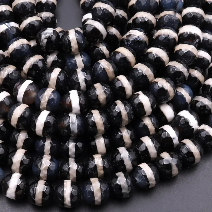 Intrinsic Trading Rings Tibetan Black Agate 6mm 8mm 10mm Round Beads Dzi Agate White Etched White Line Ring Mala Antique Boho Beads 155 Strand