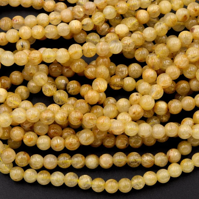 Natural Golden Rutile Quartz 4mm 6mm Round Beads Gold Yellow Rutilated Quartz Round Beads Tons of Sharp Rutile Hair Needle 155 Strand Intrinsic Trading Necklaces