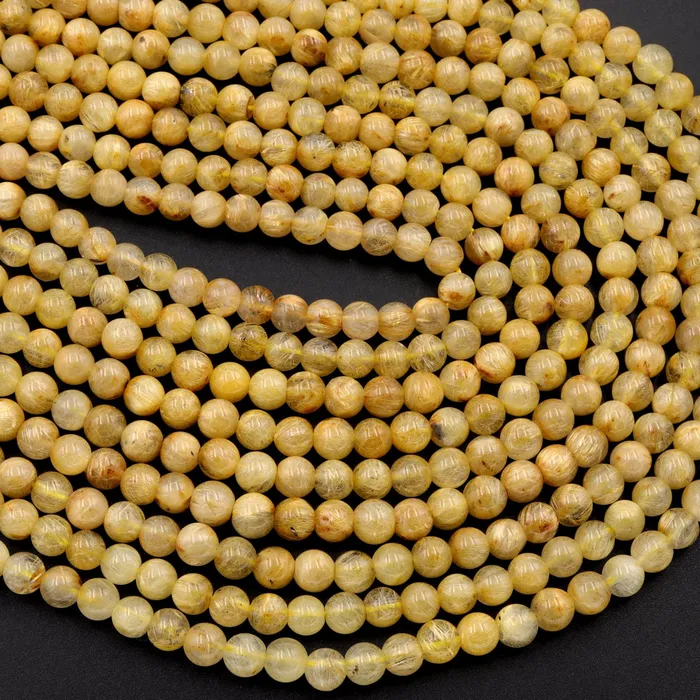Natural Golden Rutile Quartz 4mm 6mm Round Beads Gold Yellow Rutilated Quartz Round Beads Tons of Sharp Rutile Hair Needle 155 Strand Intrinsic Trading Necklaces