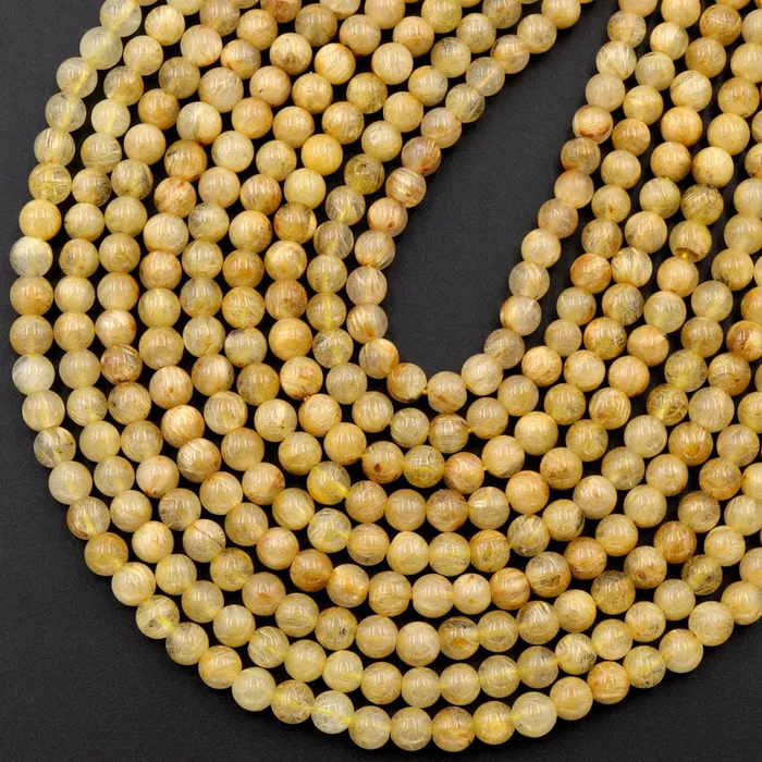 Natural Golden Rutile Quartz 4mm 6mm Round Beads Gold Yellow Rutilated Quartz Round Beads Tons of Sharp Rutile Hair Needle 155 Strand Intrinsic Trading Necklaces
