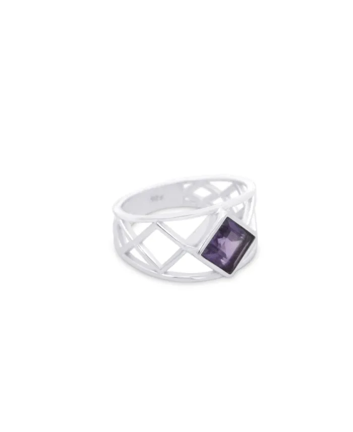 Sterling Silver Amethyst Lattice Band Ring Buddha Groove Rings