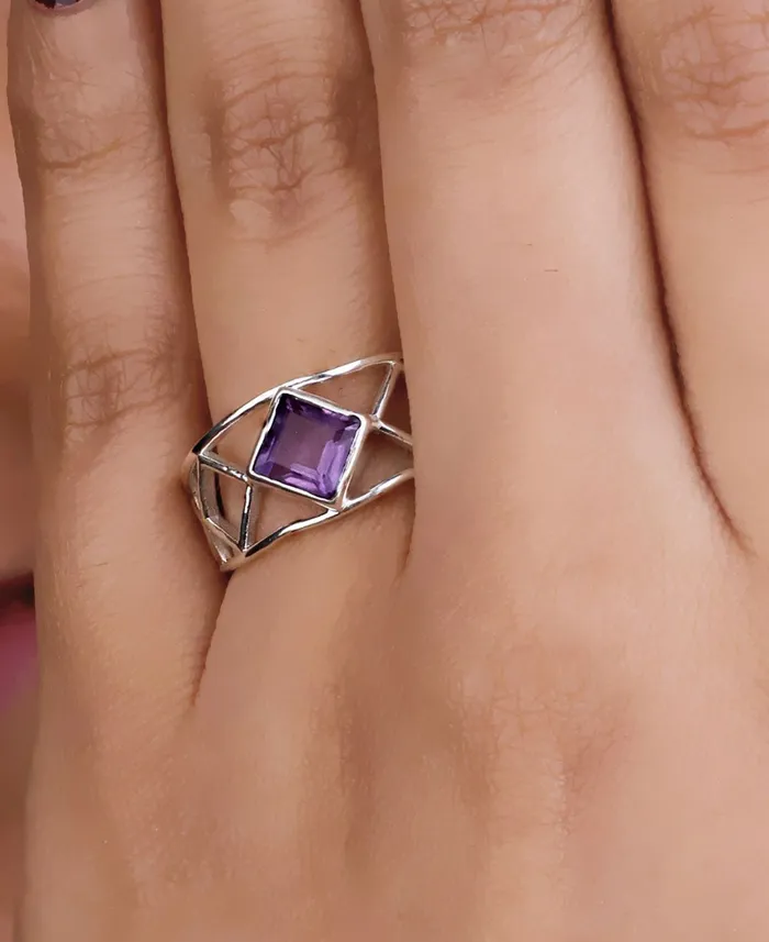 Sterling Silver Amethyst Lattice Band Ring Buddha Groove Rings